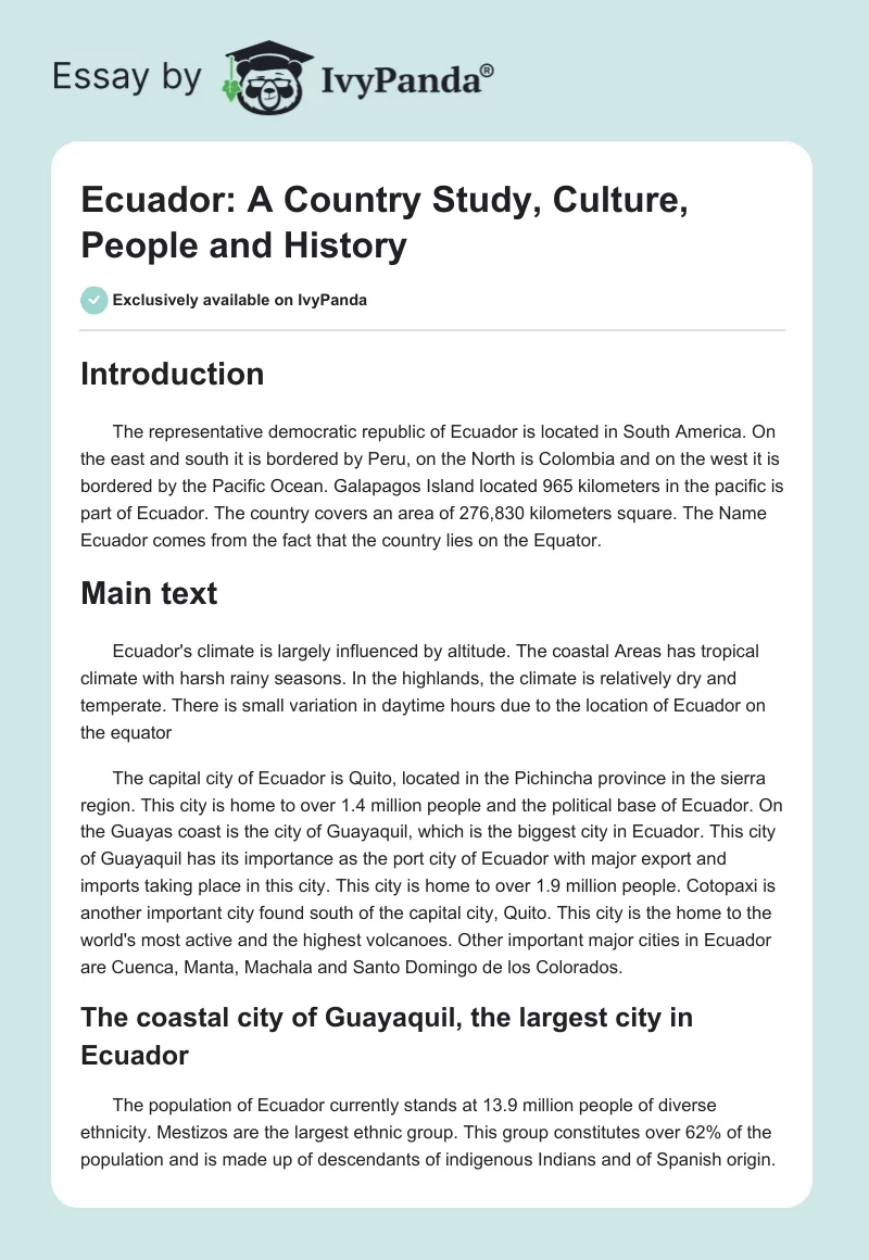 Ecuador: A Country Study, Culture, People and History. Page 1