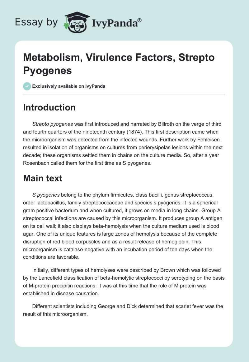Metabolism, Virulence Factors, Strepto Pyogenes. Page 1