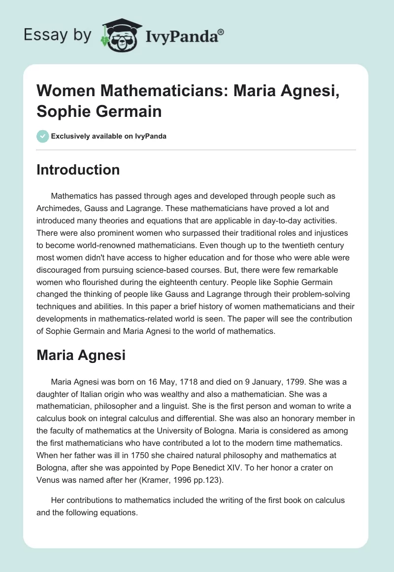 Women Mathematicians: Maria Agnesi, Sophie Germain. Page 1
