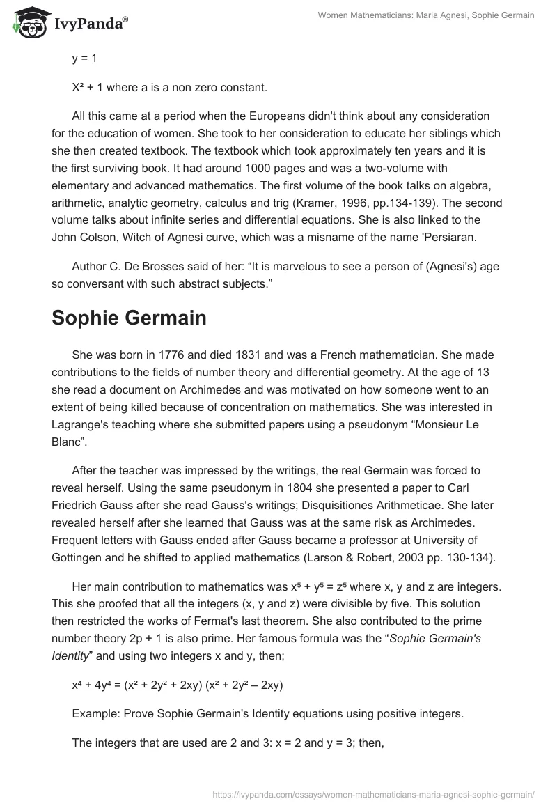 Women Mathematicians: Maria Agnesi, Sophie Germain. Page 2