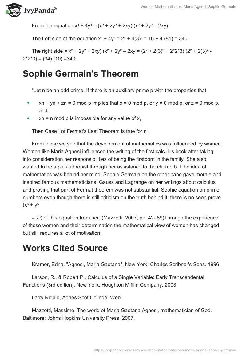 Women Mathematicians: Maria Agnesi, Sophie Germain. Page 3