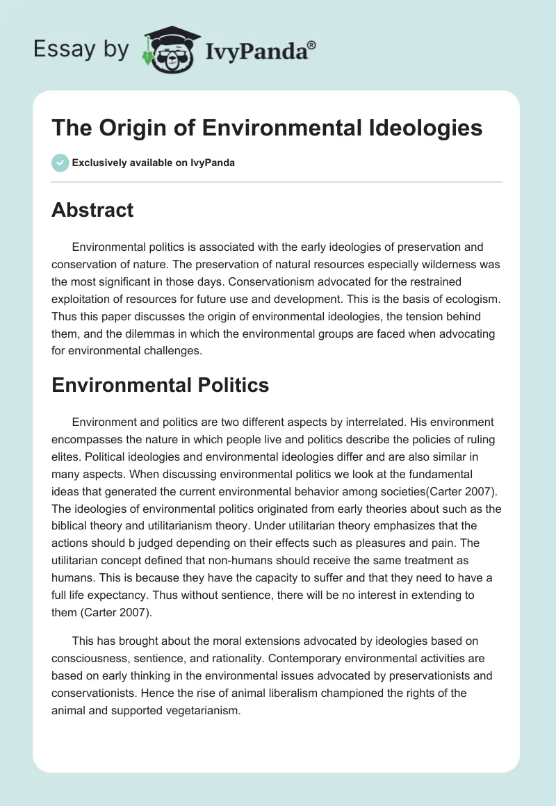 The Origin of Environmental Ideologies. Page 1
