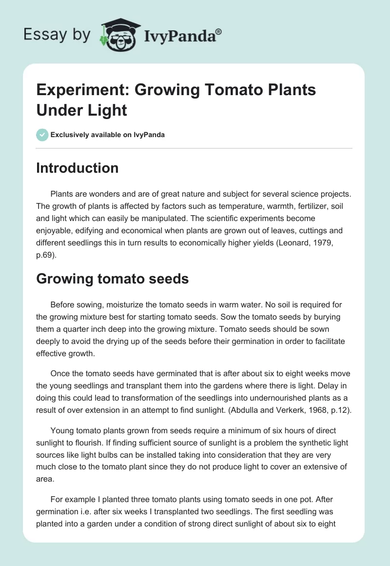 Experiment: Growing Tomato Plants Under Light. Page 1