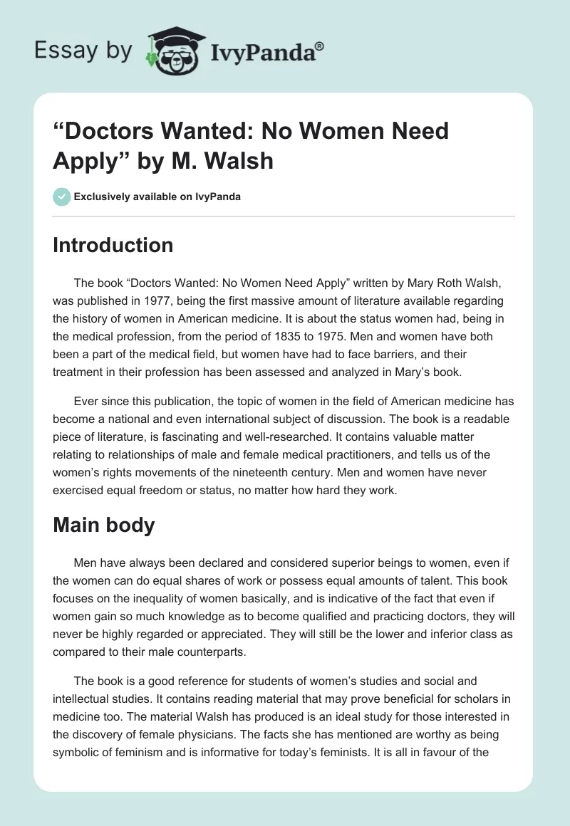 “Doctors Wanted: No Women Need Apply” by M. Walsh. Page 1