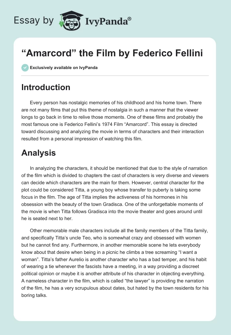 “Amarcord” the Film by Federico Fellini. Page 1