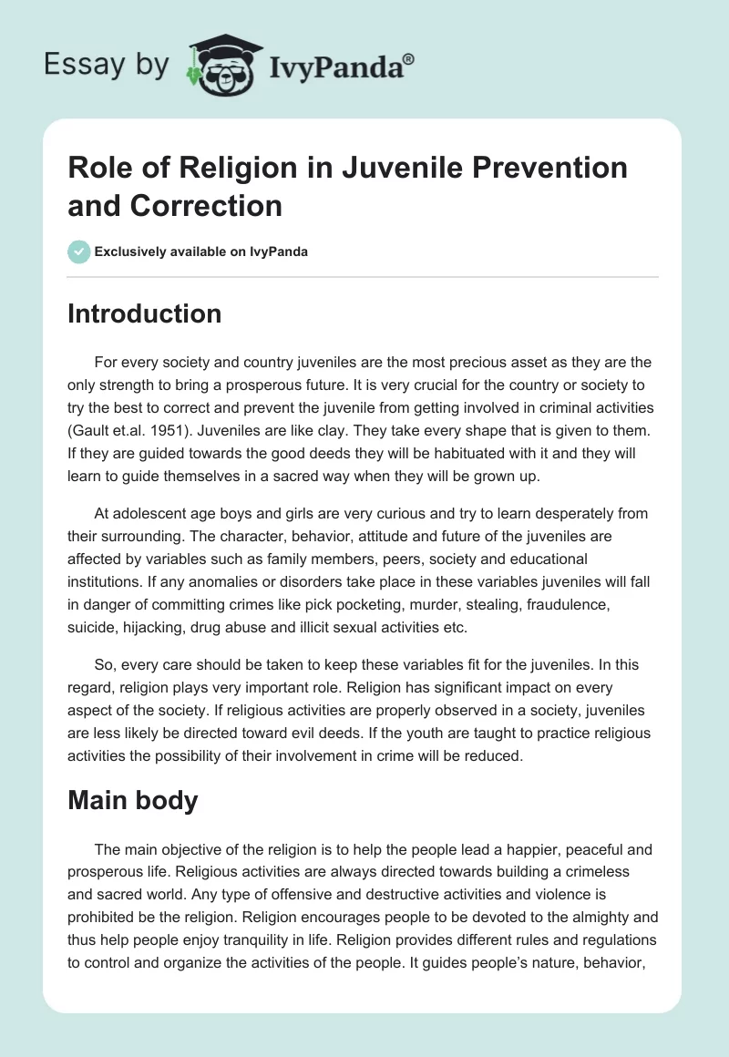 Role of Religion in Juvenile Prevention and Correction. Page 1