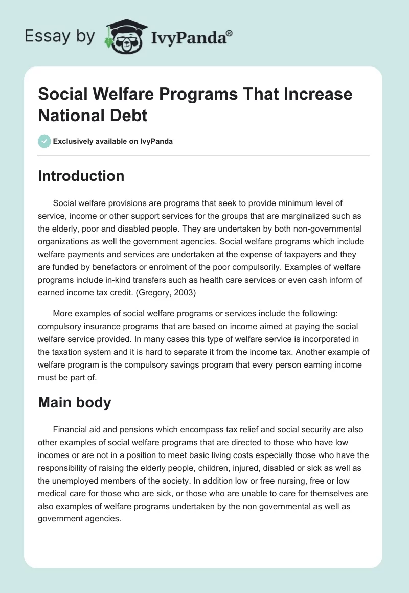 Social Welfare Programs That Increase National Debt. Page 1