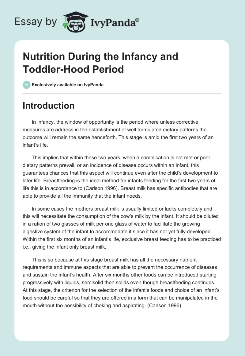 Nutrition During the Infancy and Toddlerhood Period. Page 1