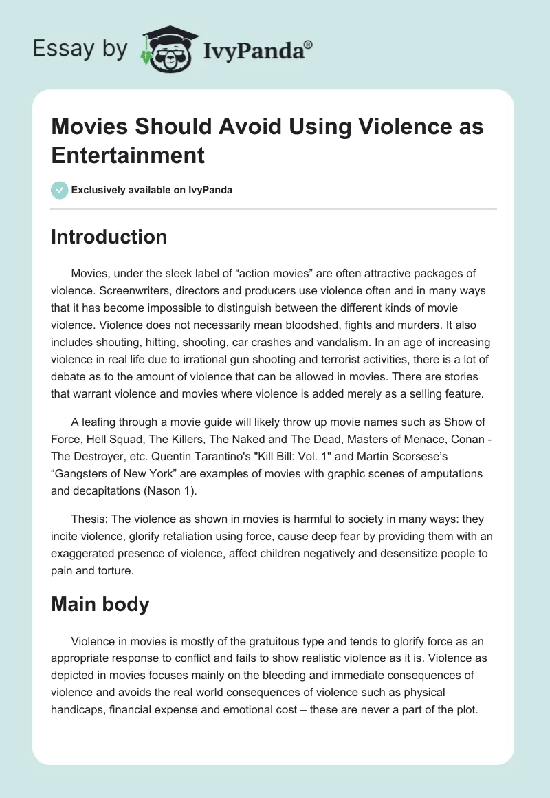 Movies Should Avoid Using Violence as Entertainment. Page 1