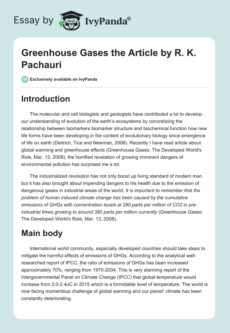 "Greenhouse Gases" the Article by R. K. Pachauri. Page 1