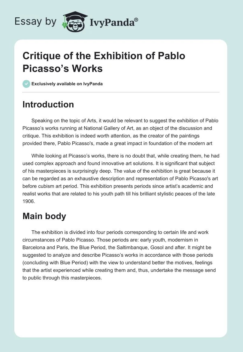 Critique of the Exhibition of Pablo Picasso’s Works. Page 1