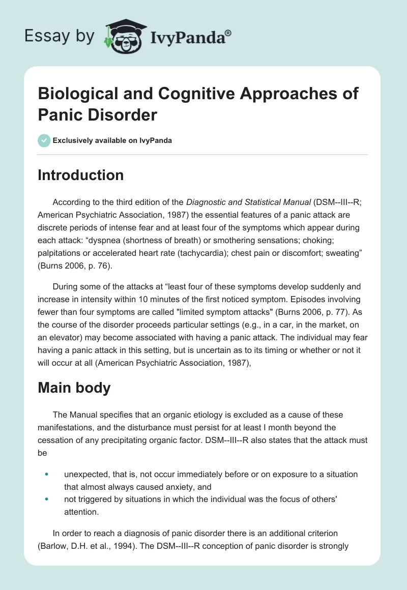 Biological and Cognitive Approaches of Panic Disorder. Page 1