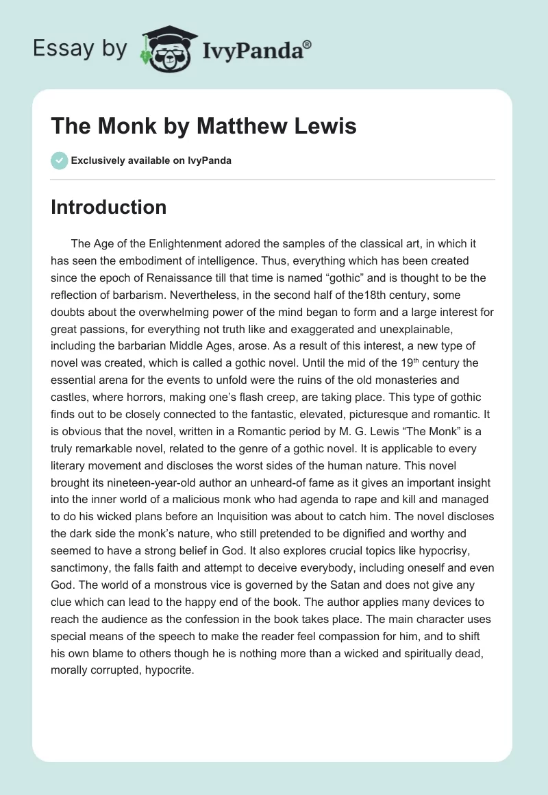 "The Monk" by Matthew Lewis. Page 1