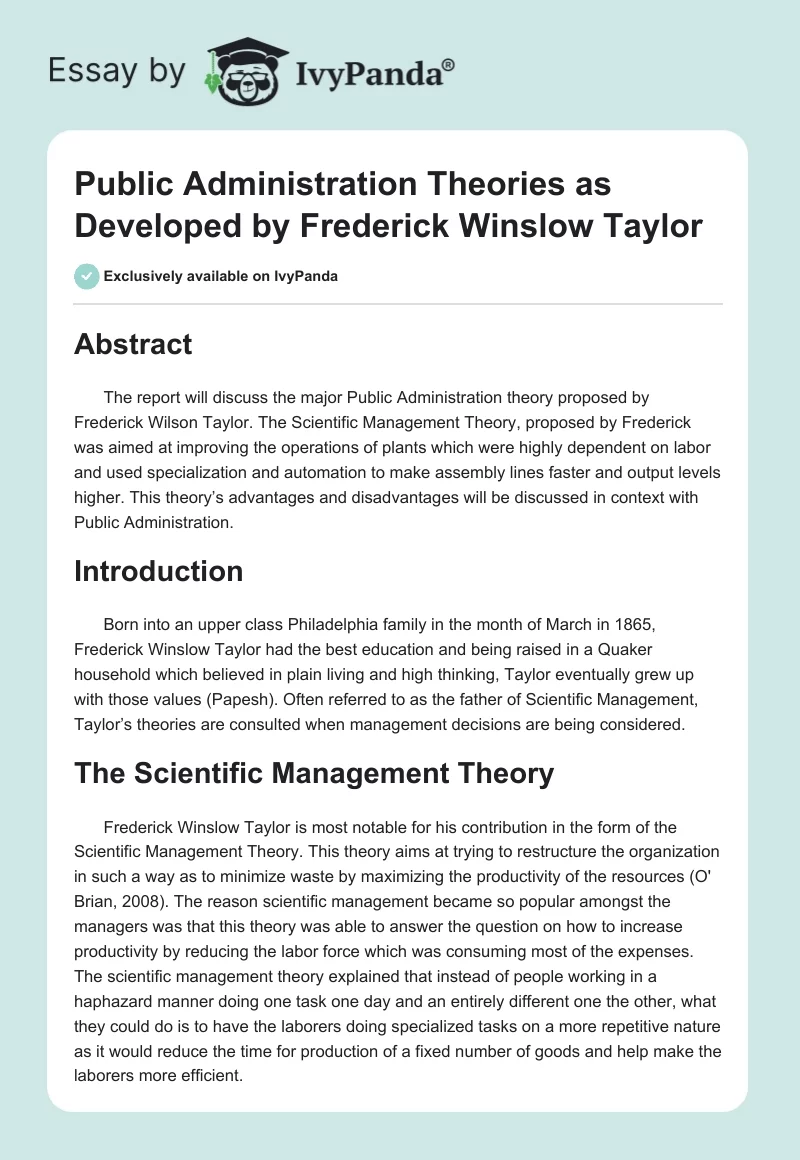 Public Administration Theories as Developed by Frederick Winslow Taylor. Page 1