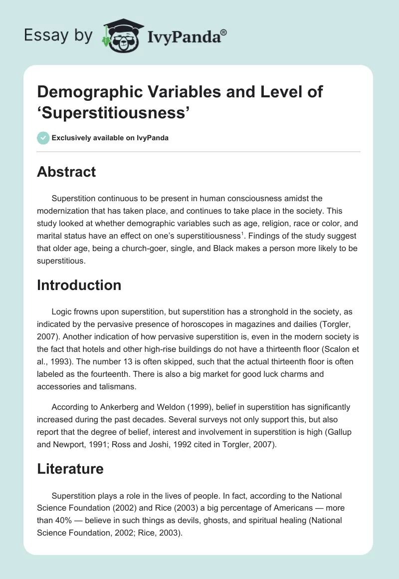 Demographic Variables and Level of ‘Superstitiousness’. Page 1