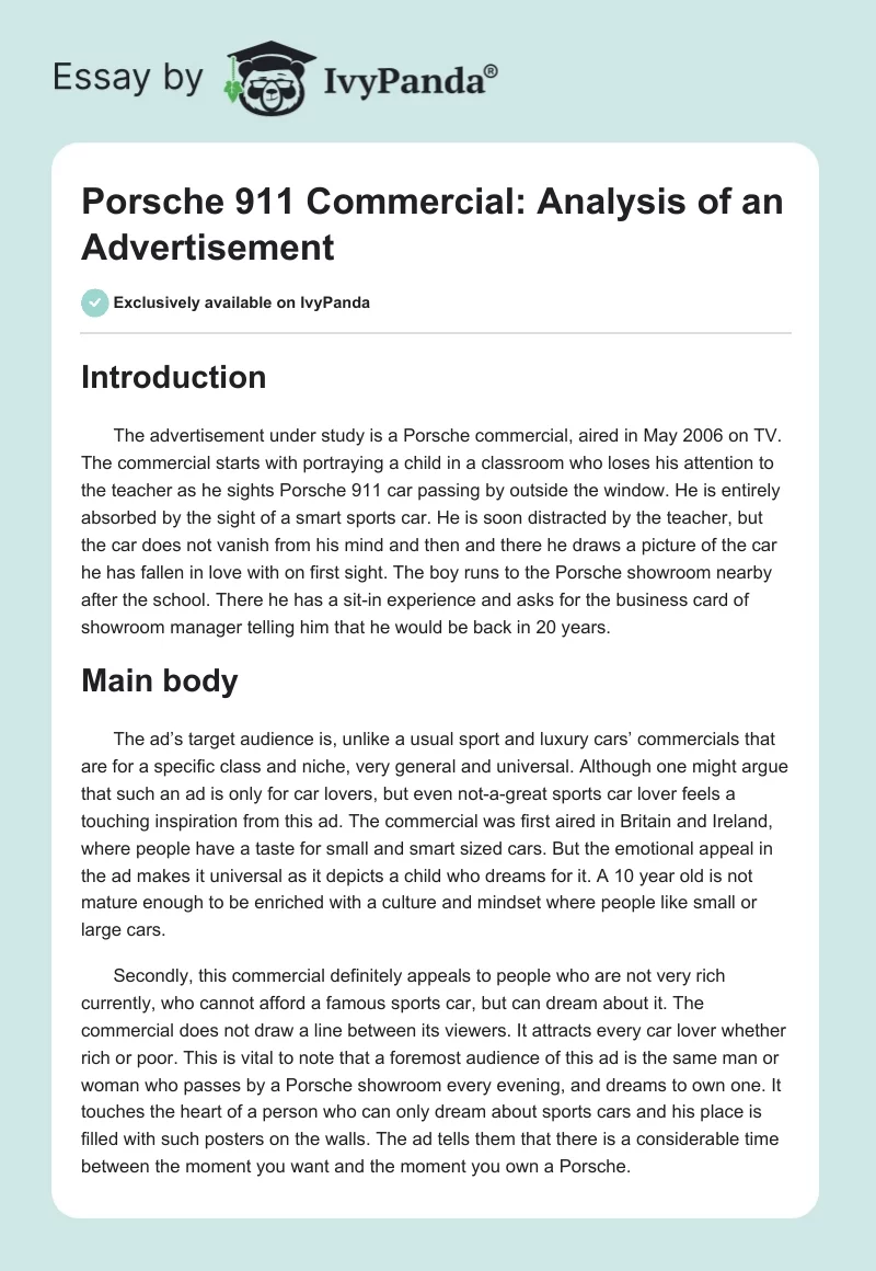 Porsche 911 Commercial: Analysis of an Advertisement. Page 1