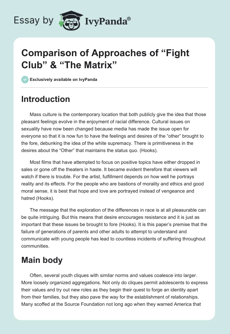 Comparison of Approaches of “Fight Club” & “The Matrix”. Page 1