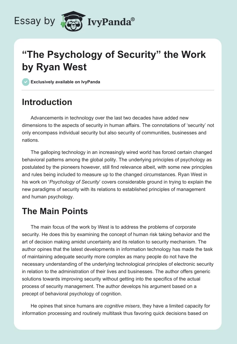 “The Psychology of Security” the Work by Ryan West. Page 1