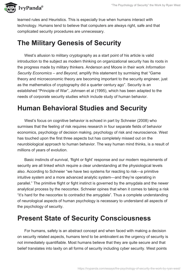 “The Psychology of Security” the Work by Ryan West. Page 2