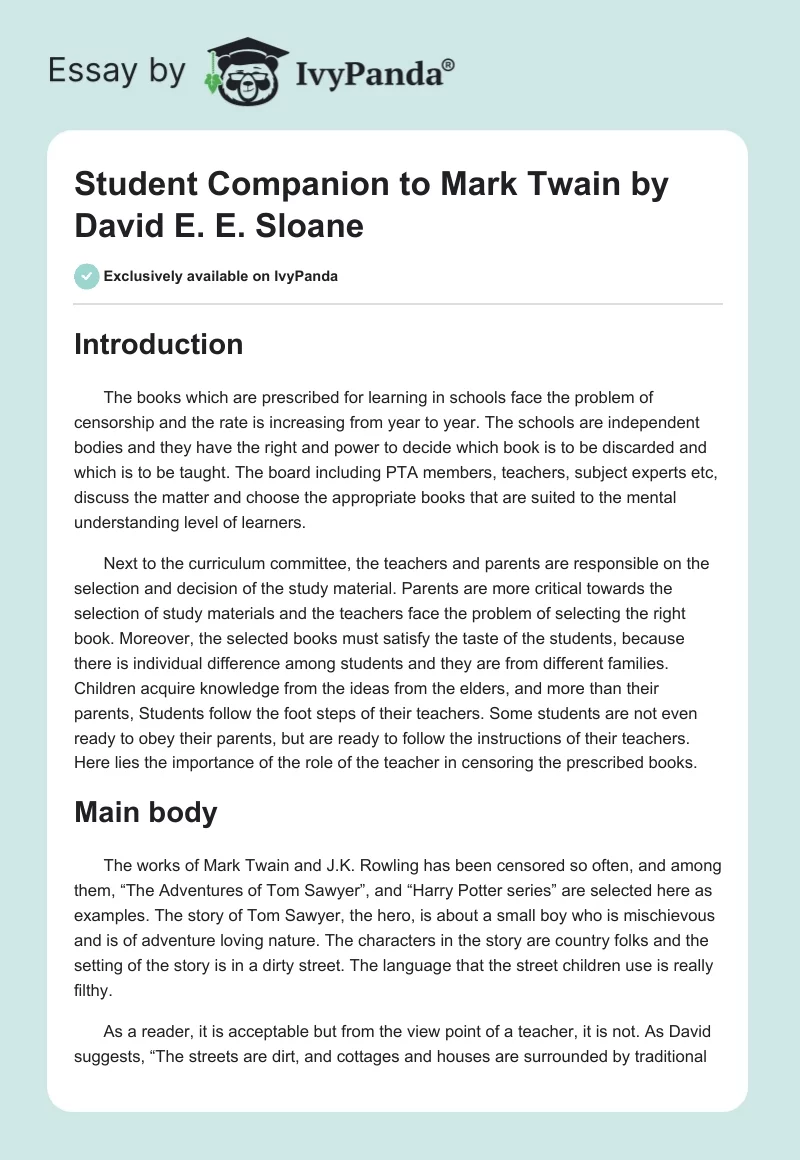 "Student Companion to Mark Twain" by David E. E. Sloane. Page 1