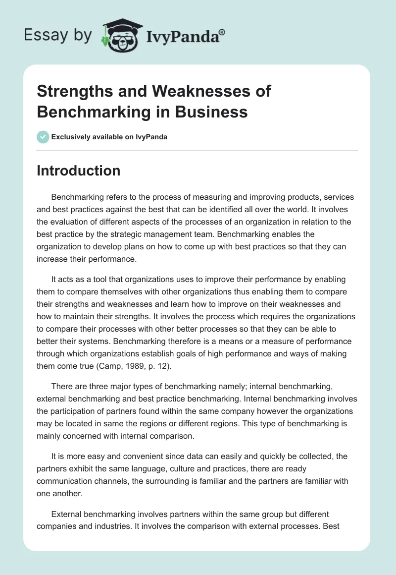 Strengths and Weaknesses of Benchmarking in Business. Page 1