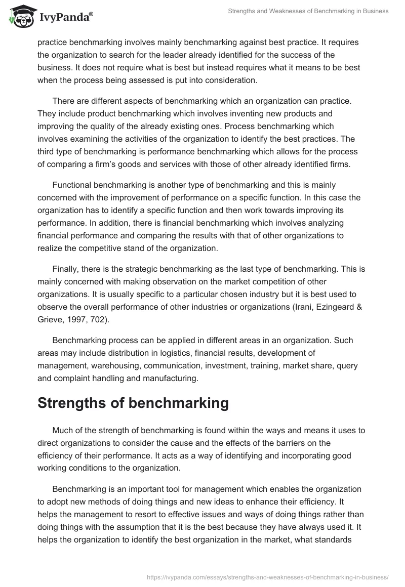 Strengths and Weaknesses of Benchmarking in Business. Page 2