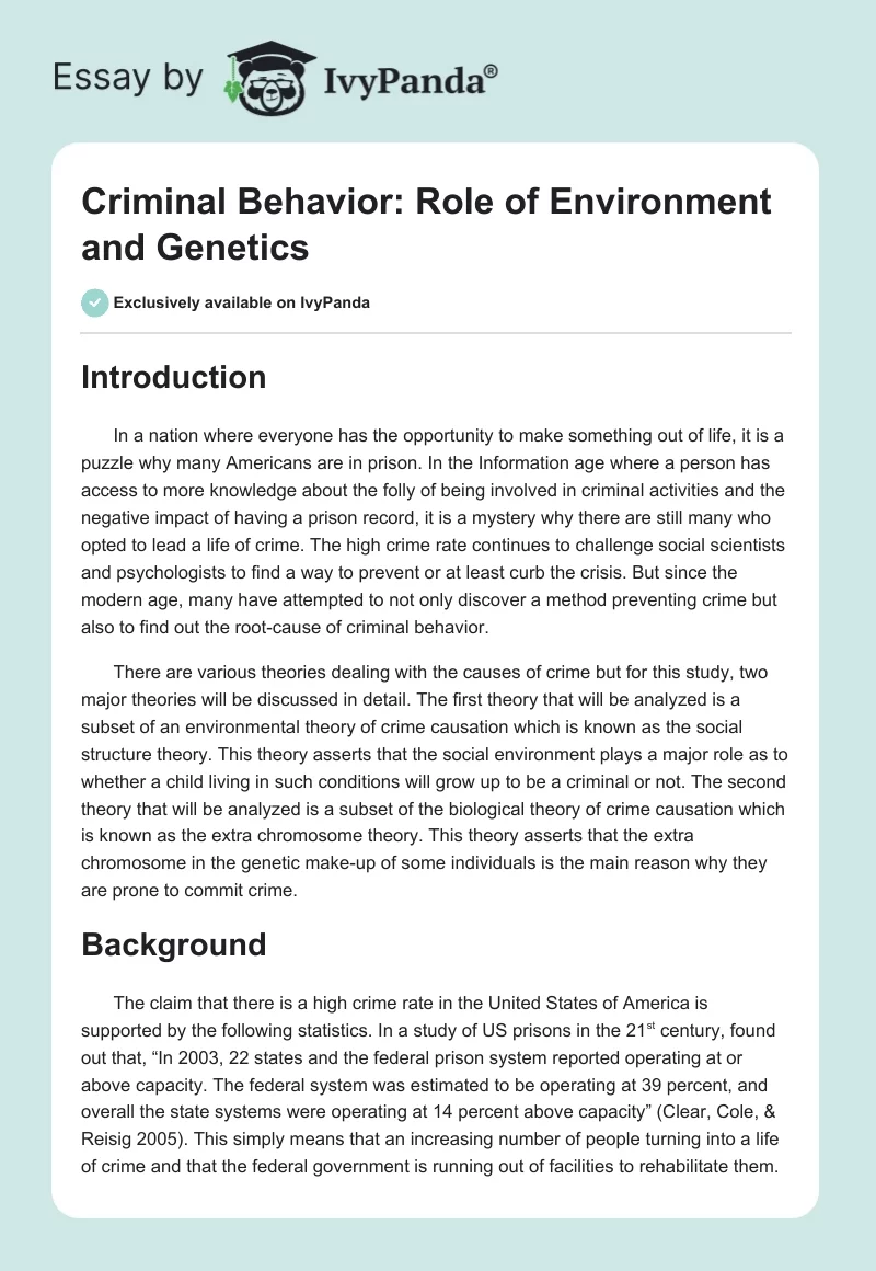 Criminal Behavior: Role of Environment and Genetics. Page 1