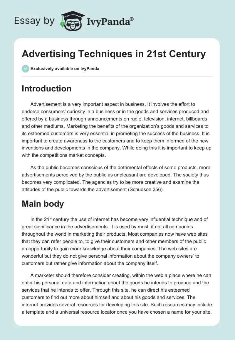 Advertising Techniques in 21st Century. Page 1