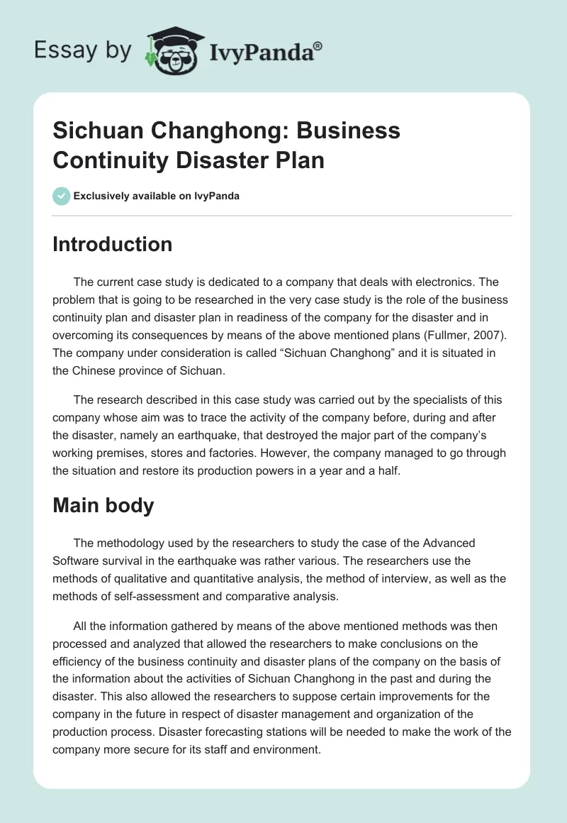 Sichuan Changhong: Business Continuity Disaster Plan. Page 1