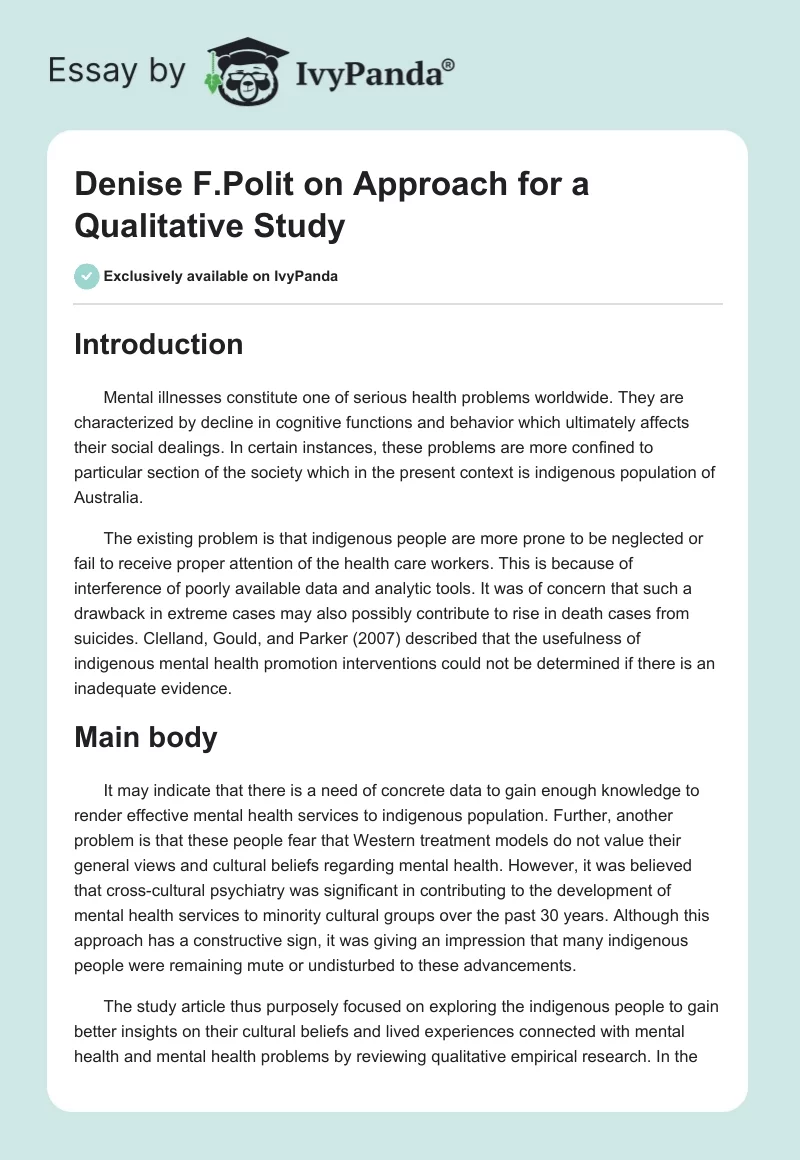 Denise F.Polit on Approach for a Qualitative Study. Page 1