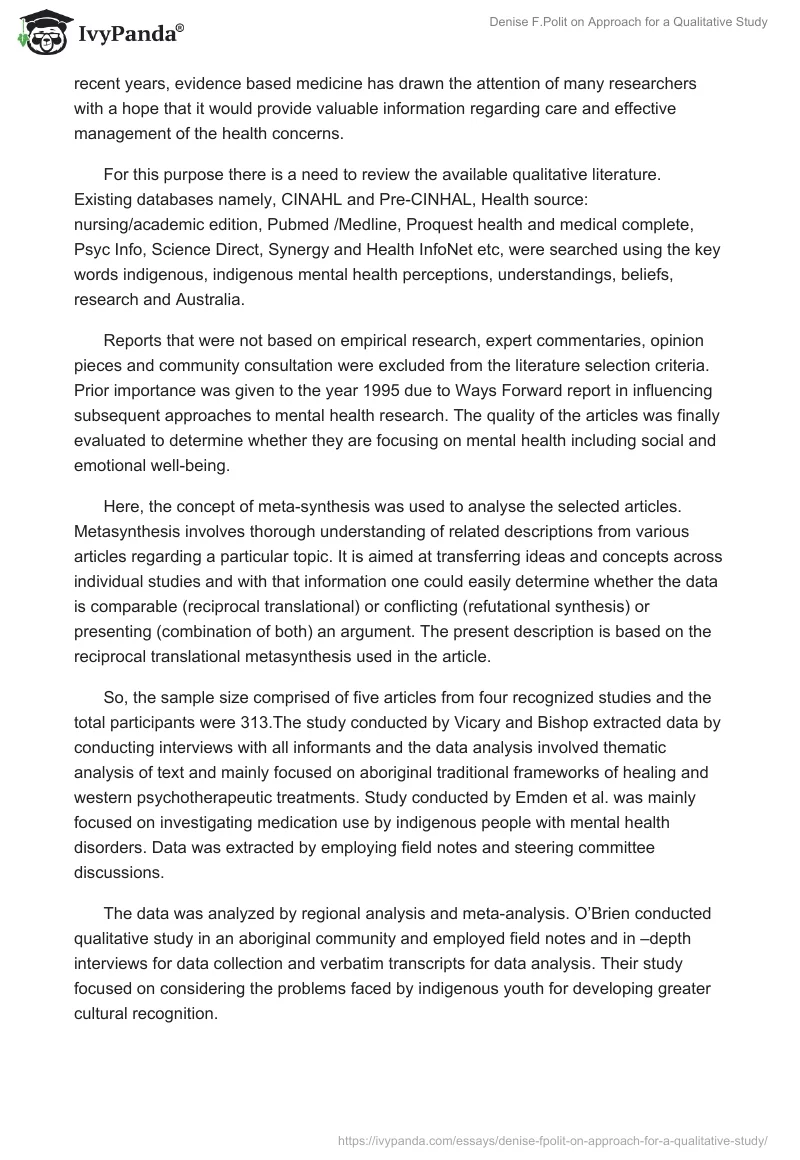 Denise F.Polit on Approach for a Qualitative Study. Page 2