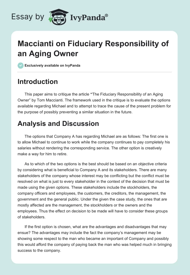 Maccianti on Fiduciary Responsibility of an Aging Owner. Page 1