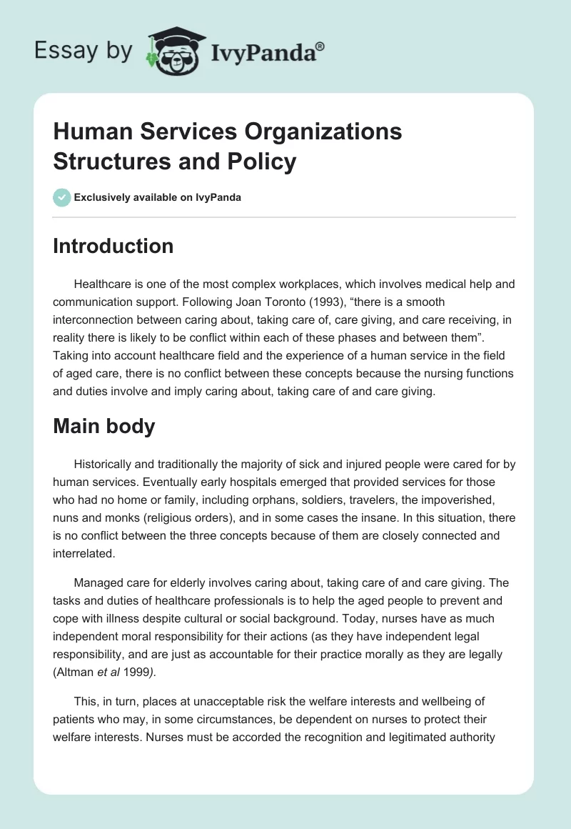 Human Services Organizations Structures and Policy. Page 1