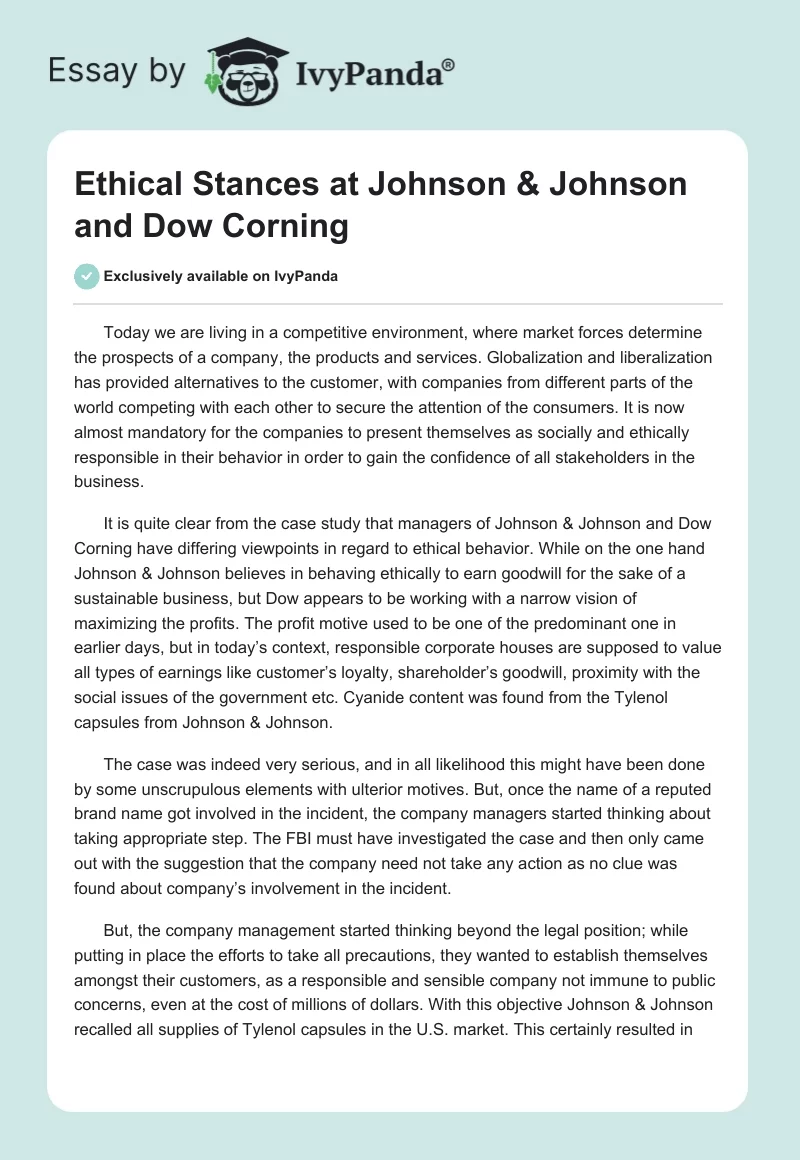 Ethical Stances at Johnson & Johnson and Dow Corning. Page 1