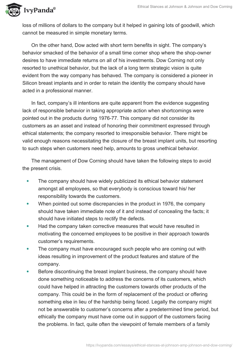 Ethical Stances at Johnson & Johnson and Dow Corning. Page 2