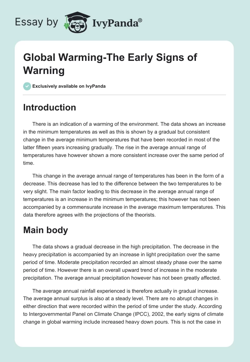 Global Warming-The Early Signs of Warning. Page 1