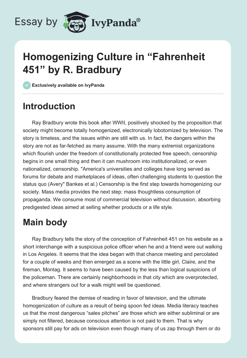 Homogenizing Culture in “Fahrenheit 451” by R. Bradbury. Page 1