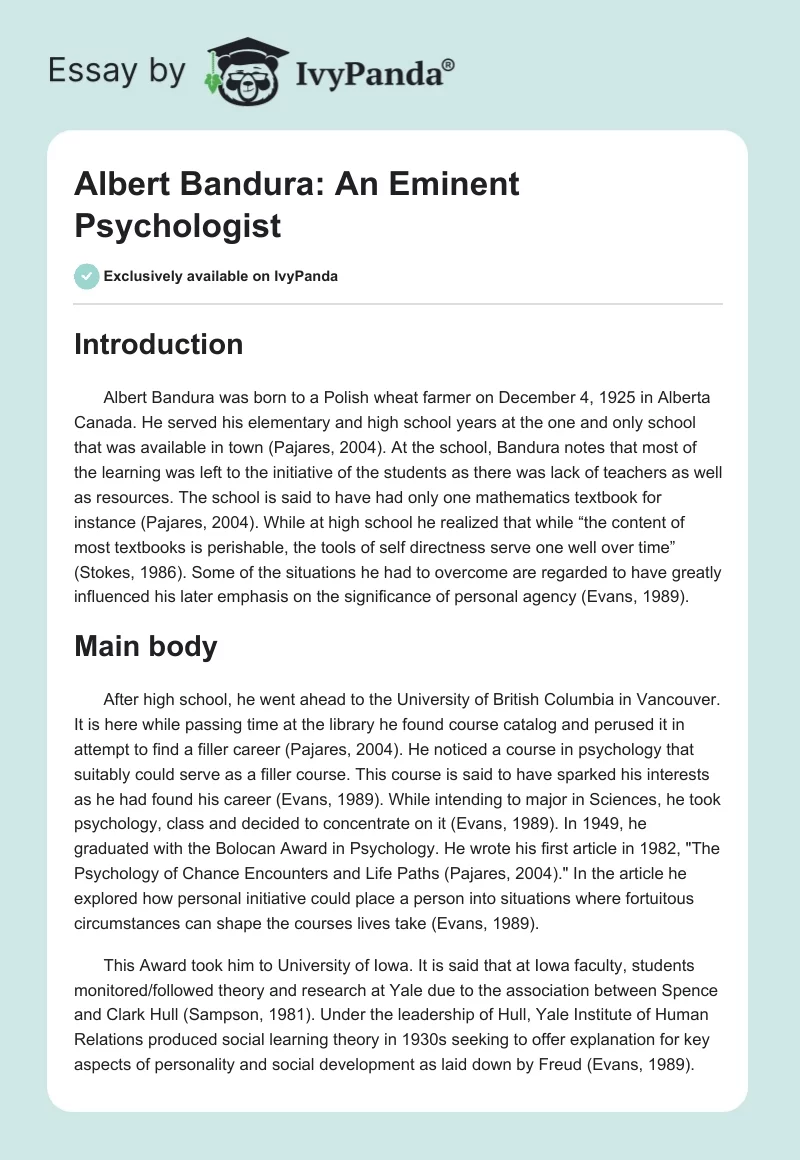 Albert Bandura: An Eminent Psychologist. Page 1