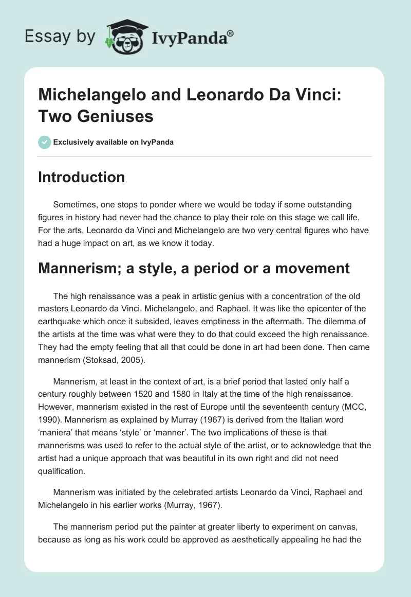 Michelangelo and Leonardo Da Vinci: Two Geniuses. Page 1