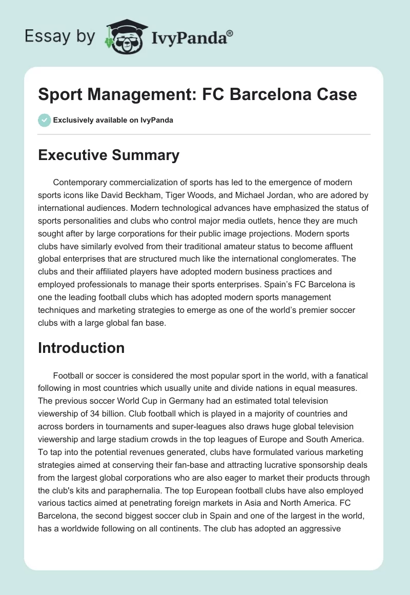 Sport Management: FC Barcelona Case. Page 1