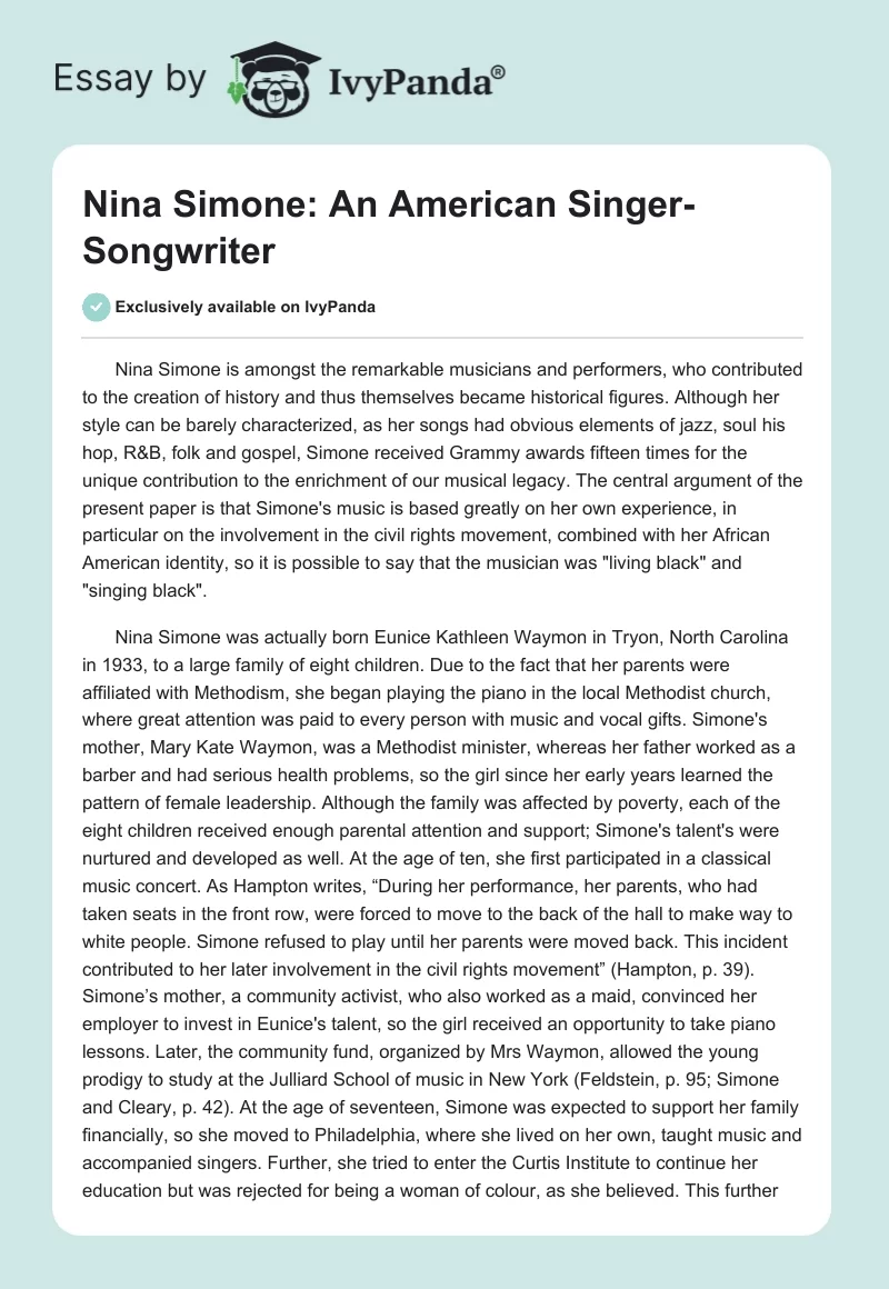 Nina Simone: An American Singer-Songwriter. Page 1
