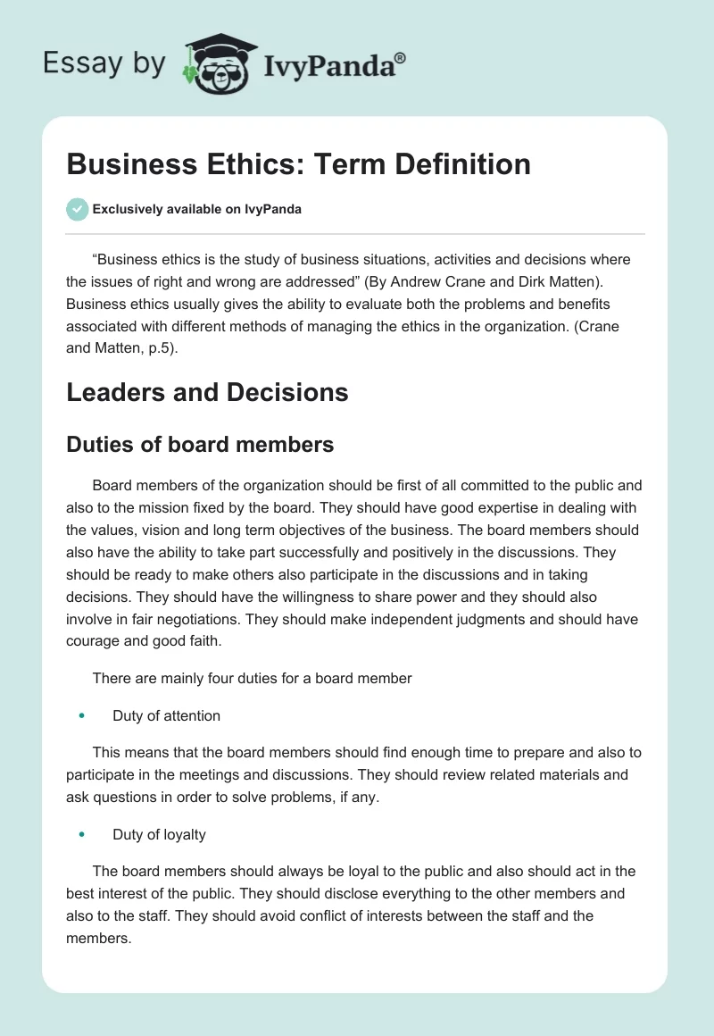 Business Ethics: Term Definition. Page 1