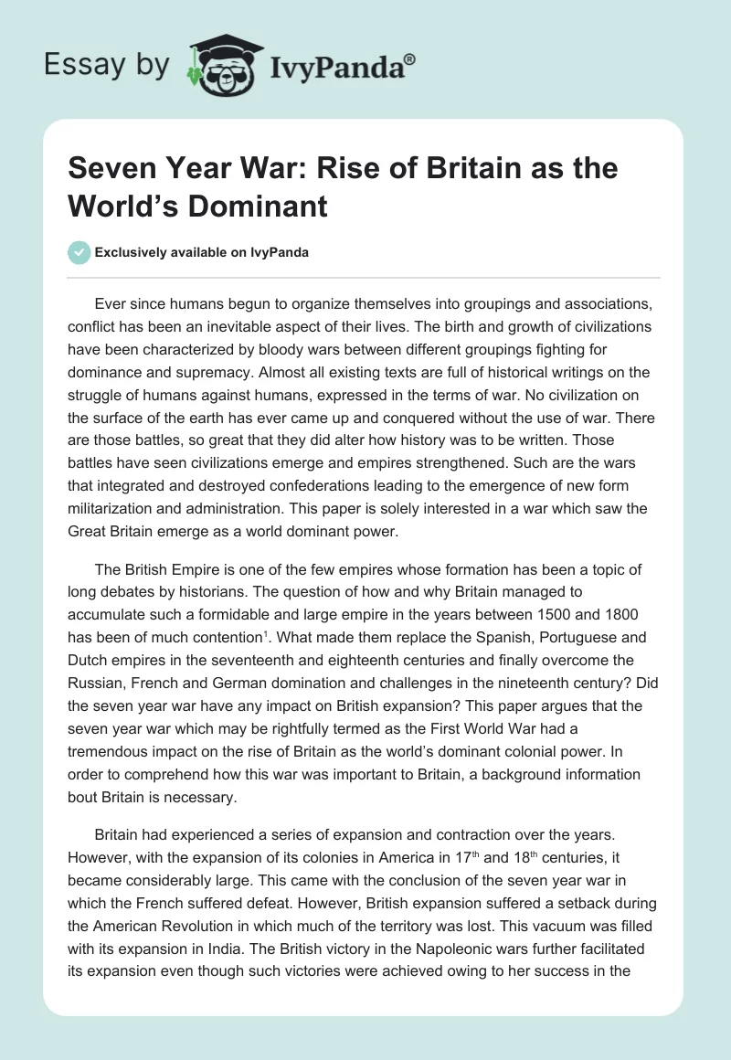Seven Year War: Rise of Britain as the World’s Dominant. Page 1