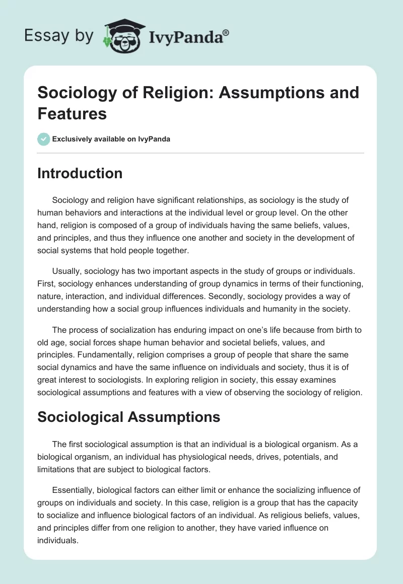 Sociology of Religion: Assumptions and Features. Page 1