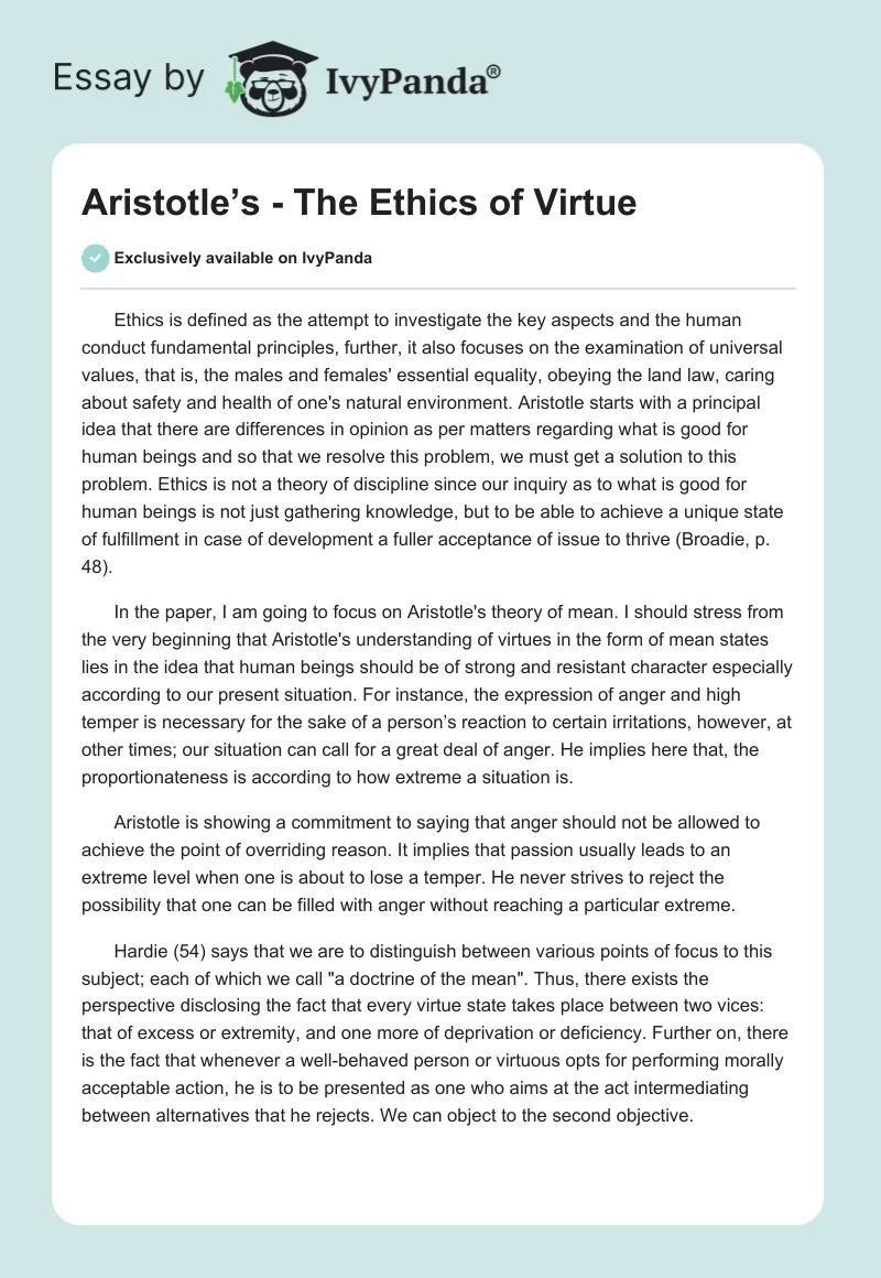 Aristotle’s - The Ethics of Virtue. Page 1