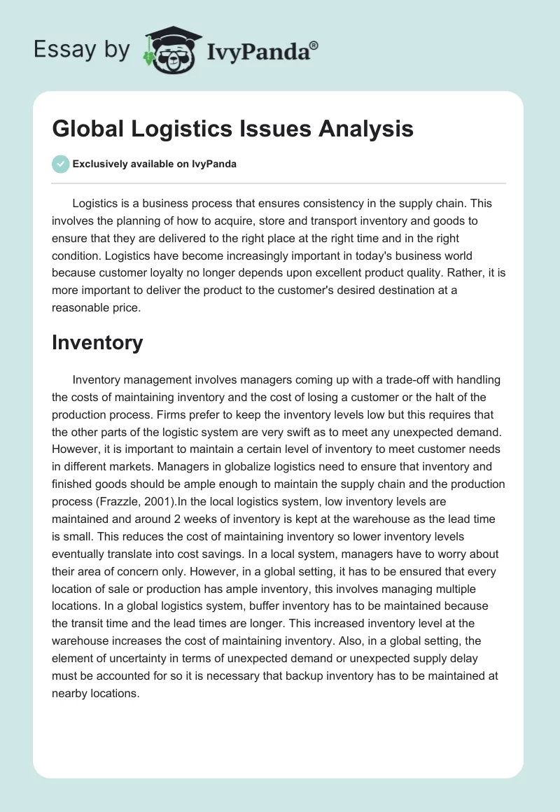 Global Logistics Issues Analysis. Page 1