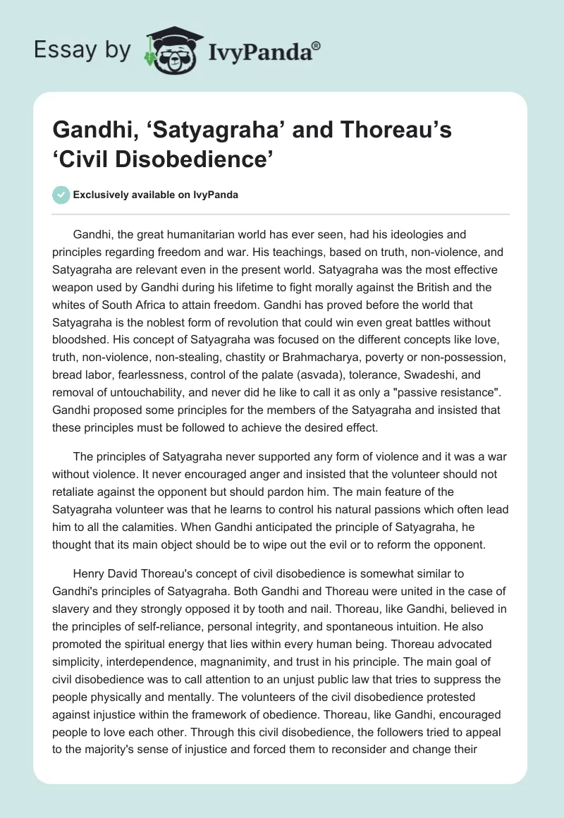 Gandhi, ‘Satyagraha’ and Thoreau’s ‘Civil Disobedience’. Page 1