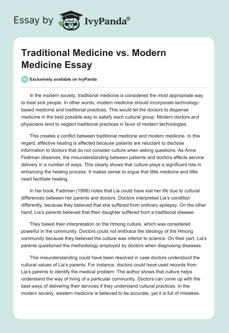 Traditional Medicine vs. Modern Medicine. Page 1