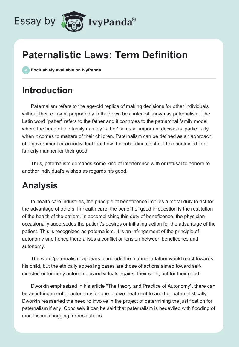 Paternalistic Laws: Term Definition. Page 1