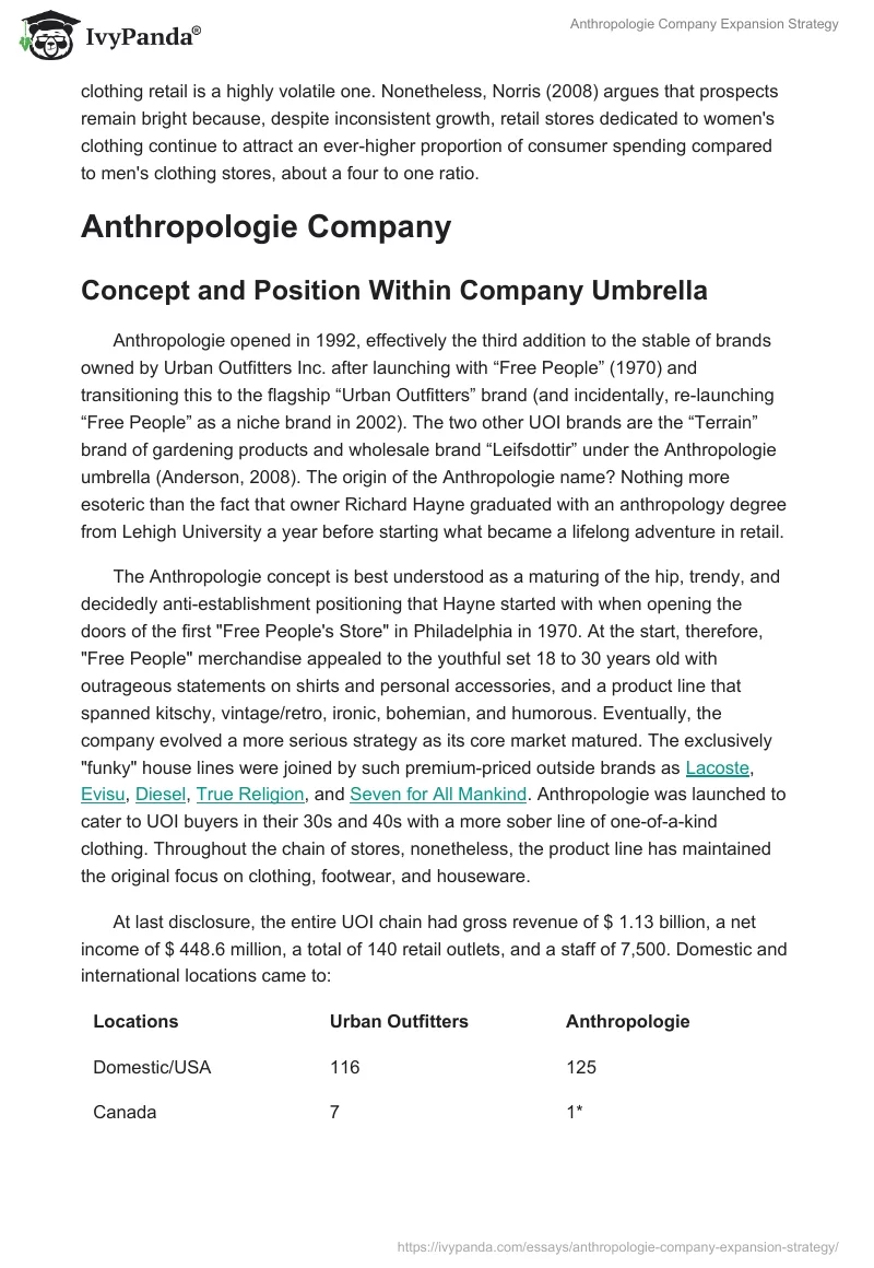 Anthropologie Company Expansion Strategy. Page 2